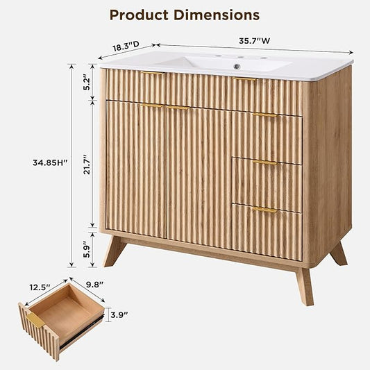 T4TREAM 36" Fluted Bathroom Vanity with Ceramic Sink Combo,Freestanding Modern Bathroom Storage Vanity Cabinet with 2 Soft Closing Doors & 3 Drawers,Wood Grain Texture,Metal Handle,Natural Oak