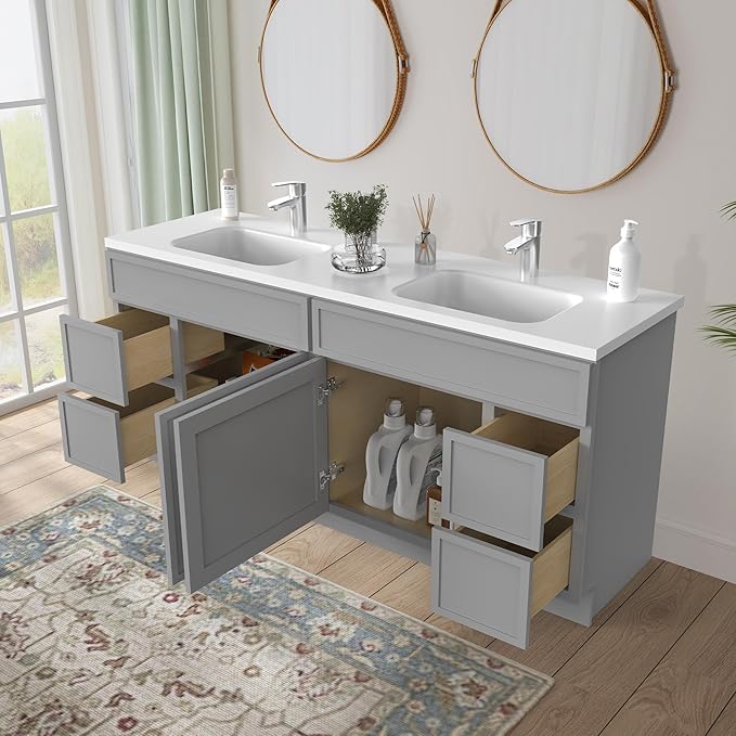 HomeBeyond 72 Inches Bathroom Vanity Base Cabinet Without Sink, Double Sink Top with Door & Soft Closing Drawers, Sturdy Floor Mounted Cabinet 2-Door 4-Drawer, Grey