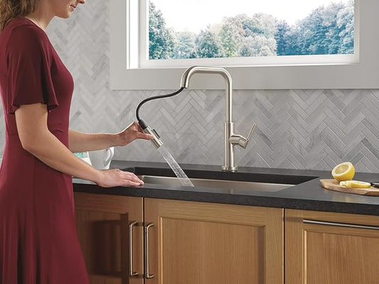 Delta Faucet Nicoli U-Spout Kitchen Faucet with Pull Down Sprayer, Brushed Nickel Kitchen Sink Faucet, Modern Kitchen Faucet, Single Hole Kitchen Faucet, Stainless Steel 19868LF-SS