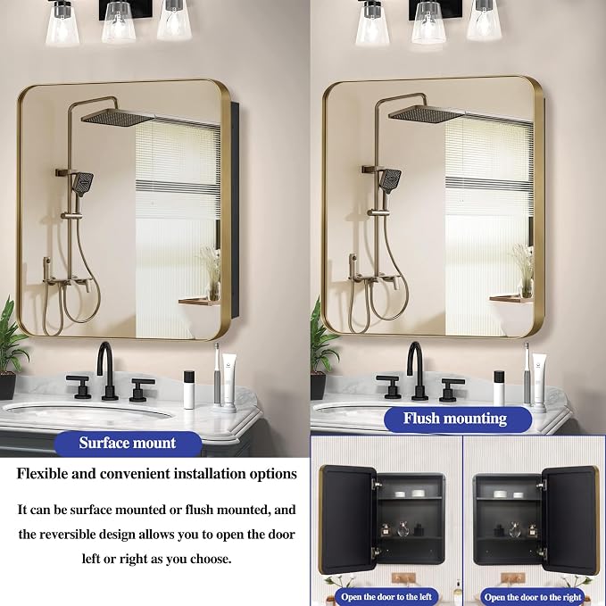 20" x 20" Bathroom Medicine Cabinet with Mirror Door, Brush Gold Stainless Steel Frame, Recessed or Surface Mounted,Storage Cabinet with Adjustable Metal Shelves,Upgraded Version