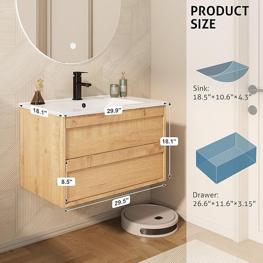 eclife 30" Floating Bathroom Vanity Sink Combo, Wall Mounted Modern Minimalist Storage Cabinet with 2 Drawers, Include Sink, Faucet & Drain, Natural