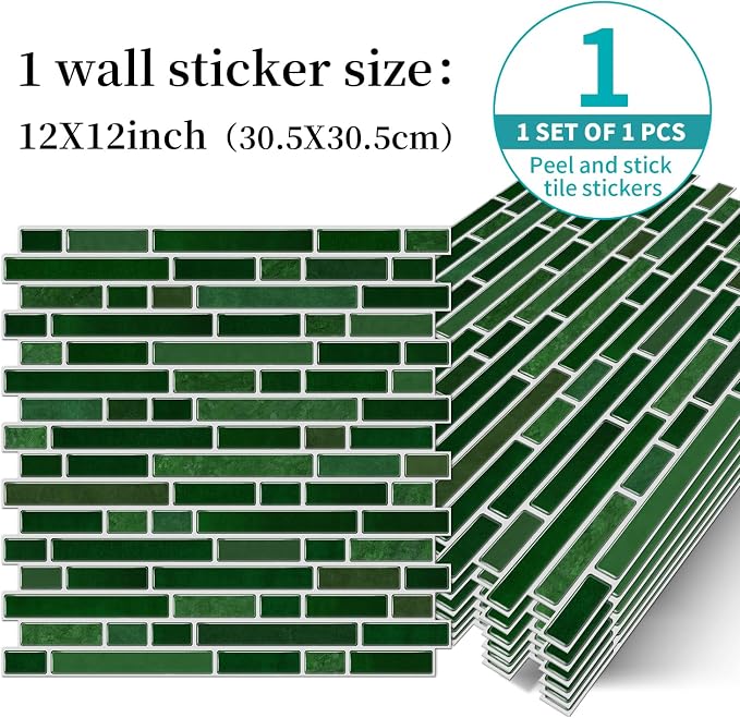 Alwayspon 10 Sheets 12" x12inch Emerald Green Marble Effect Vinyl Tiles, Backsplash, Self-Adhesive Peel and Stick Wall Tile Stickers, Stick on Subway Tiles for Kitchen Bathroom Wall Decor