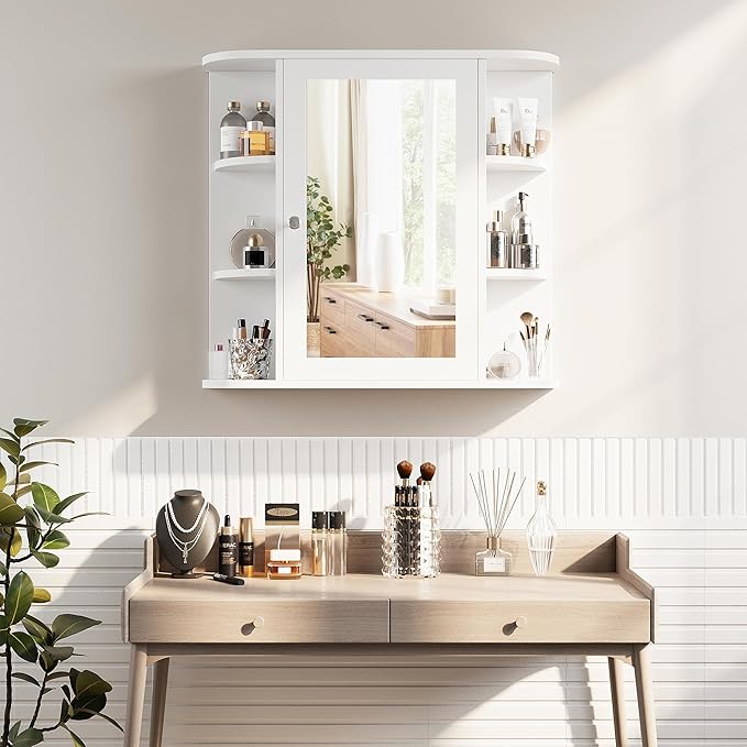 Shintenchi Bathroom Medicine Cabinet with Mirror, Wall Mounted, White | Mirrored Door Over the Toilet Storage, with 4 Internal and 6 Open Shelves, Storage Organizer Cupboard, Easy to Assemble