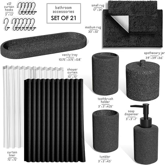 Clara Clark Coal Black Bathroom Set - Bathroom Sets with Shower Curtain and Rugs, 21PC Bathroom Accessory Set, Shower Curtain Set with Soap Dispenser & Toothbrush Holder