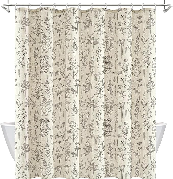 Coxila Vintage Floral Linen Shower Curtain Extra Long XL Flower Retro Rustic Antique Botanical Farmhouse Country Boho Cottage Aesthetic Wildflower Bathroom 72 x 84 Inch Polyester Fabric 12 Pack Hooks