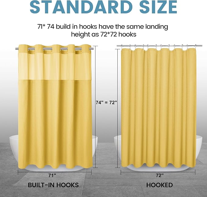 EUTXL Heavyweight Waffle No Hook Shower Curtain with Liner, 71x74, Yellow | Snap in Liner, 256GSM, Thick, Hotel Luxury Spa, Waterproof Fabric, Corner Magnets, 3 in 1 Set, Washable, Hang in Seconds