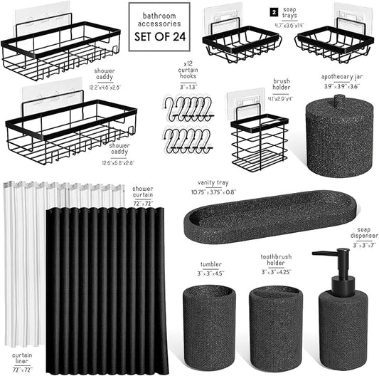 Clara Clark Bathroom Set - Coal Black Bathroom Accessories Set, 24PC Bathroom Accessory Set, Bathroom Sets with Shower Curtain Set, Adhesive Corner Shower Caddy Hanging & Soap Dispenser