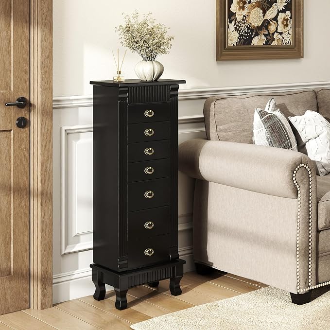 DREAMADE Jewelry Armoire, Standing Jewelry Box w/Mirror & 7 Drawers, Black | Flip Top Organizer with 2 Side Doors and Anti-Toppling Device, Large Jewelry Cabinet Storage for Bedroom