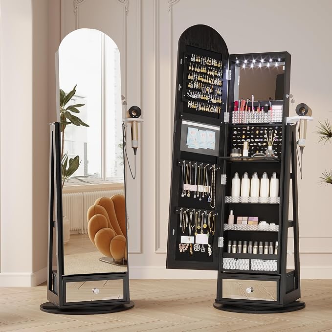 LVSOMT 64" H Arched LED Mirror Jewelry Cabinet Standing, Black | 360° Swivel Full-Length Mirror with Storage, Lockable Jewelry Organizer with Inner Makeup Shelf, Gift for Women