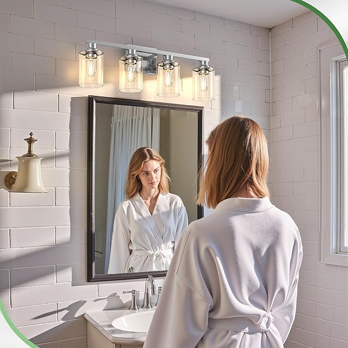 4-Light Chrome Bathroom Vanity Light Fixture ETL Listed | Modern Chrome Vanity Light Fixture, Clear Glass Shade Bathroom Wall Light, Mirror Lighting for Bedroom Living Room