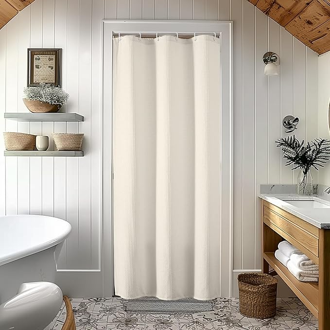 OVZME Stall Fabric Shower Curtain Set - 36x72, Waffle Weave 230GSM Heavy Duty Small Fabric Shower Curtains for Narrow Size, Machine Washable Bath Curtain with 12 Plastic Hooks, 36x72 Inch, Cream