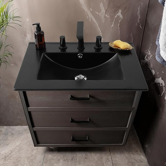JONATHAN Y Ancillary 24" Bathroom 3-Hole Sink Top, Black | Ceramic Vanity, 18.25" Rectangular Single Basin, Matte Finish, 8" Centerset Faucet Holes, Overflow Drain, Contemporary Style