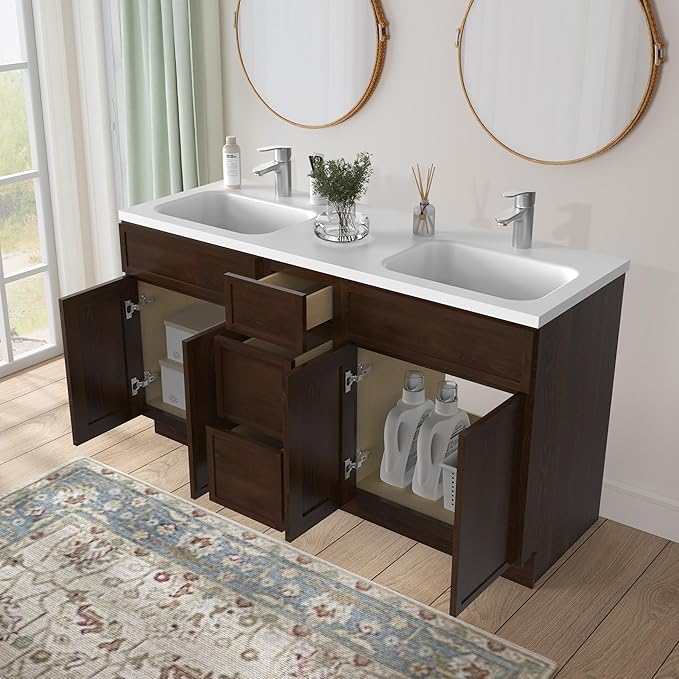 HomeBeyond 60 Inches Bathroom Vanity Base Cabinet Without Sink, Double Sink Top Sturdy Floor Mounted Cabinet with Door & Soft Closing Drawers,Brown, VA4124-2+VA4112-3