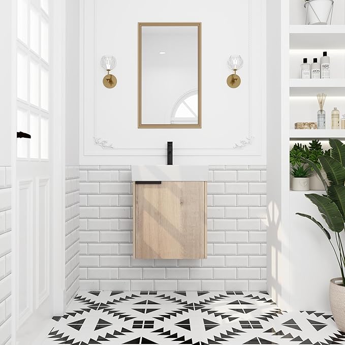 18 Inch Wall Mount Bathroom Vanity, 18'' Floating Bathroom Vanity with Sink, Single Sink Cabinet Combo, Modern Storage Cabinet, with Soft Closing Door, Imitative Oak, 01518IMO