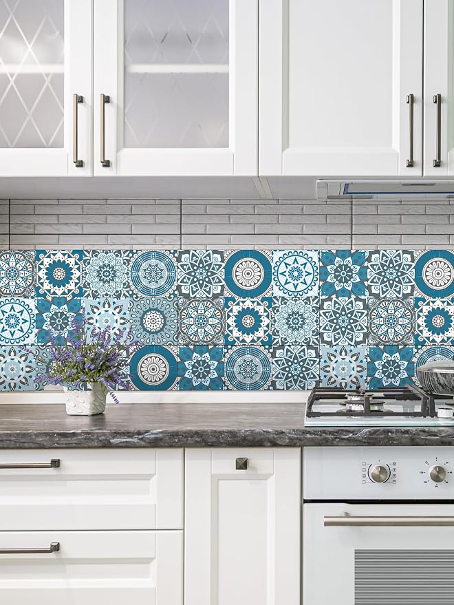 Peel Stick Vinyl Moroccan wall Tile Decals 6x6in Stick on backsplash,24Pc | Waterproof&heat resistant tile stickers for kitchen RV laundry backsplash decor,remove no damaging,cyan mandala pattern