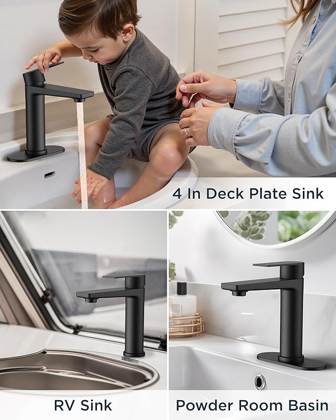 FORIOUS Black Bathroom Faucet 1 Hole, Single Lever Bathroom Sink Faucet Single Hole with Pop-up Drain and Supply Line, Rv Vanity Tap 1 or 3 Hole with Deck Plate for Lavatory Sink Remodel