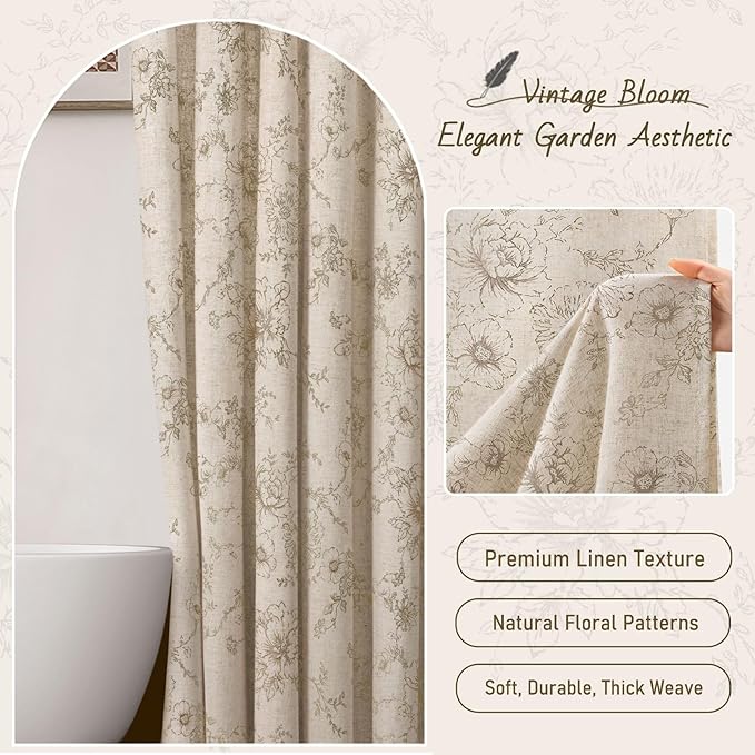 Farmhouse Floral Vintage Shower Curtain for Bathroom,Tan Taupe | 72" W x 72" L, Elegant Boho Pattern Bath Curtain Linen Fabric