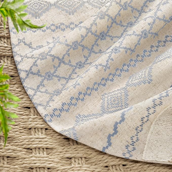 Light Blue Boho Linen Shower Curtain,72" W x 72" L | Linen Striped Print and Twine-Inspired Woven Center for Bathroom