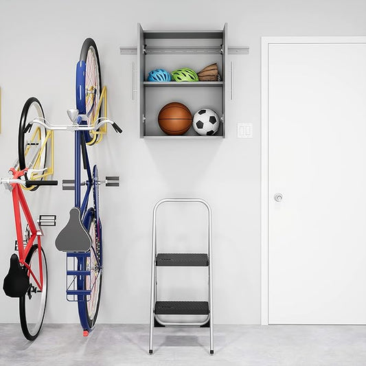 Prepac HangUps 24'' Upper Cabinet, Wall Hanging Storage Cupboard for Garage, Bathroom, Kitchen, Laundry Room Organization, Light Gray with Satin Nickel Handles
