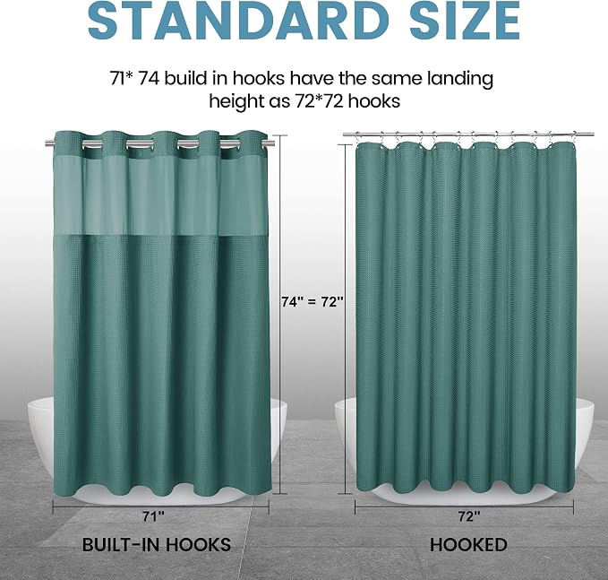 Heavyweight Waffle No Hook Shower Curtain with Liner, Seaweed Green, 71x74 | Snap in Liner, 256GSM, Thick, Hotel Luxury Spa, Waterproof Fabric, Corner Magnets, 3 in 1 Set, Washable, Hang in Seconds