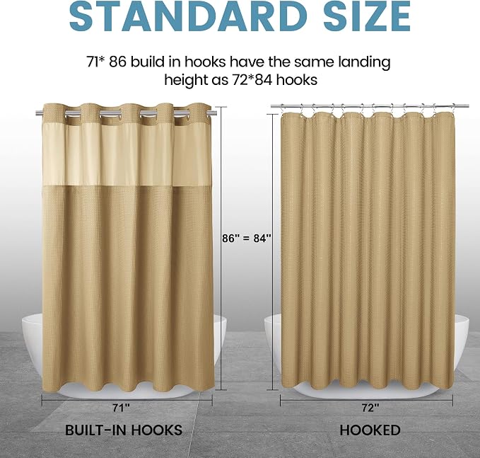 EUTXL Heavyweight No Hook Shower Curtain with Liner, Beige,71x86 | Snap in Liner, 256GSM Thick Waffle Fabric, Hotel Luxury Spa, Corner Magnets, Quick Dry, Waterproof & Washable, Extra Long