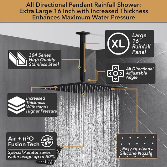 VANFOXLE Shower System, Matte Black Shower Faucet Set, Push Button Diverter | 16 Inch Ceiling Mount Rain Head, 6 Inch Wall Mount Head, 2-in-1 Handheld Sprayer, Solid Brass Valve, Rust Resistant