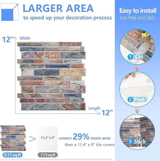 STICKGOO Thicker Design Peel and Stick Tile Backsplash, 12”×12” Stick on Backsplash for Kitchen, Self Adhesive Tile Stickers for Kitchen Backsplash and Bathroom(10 Sheets, Vintage Stone)