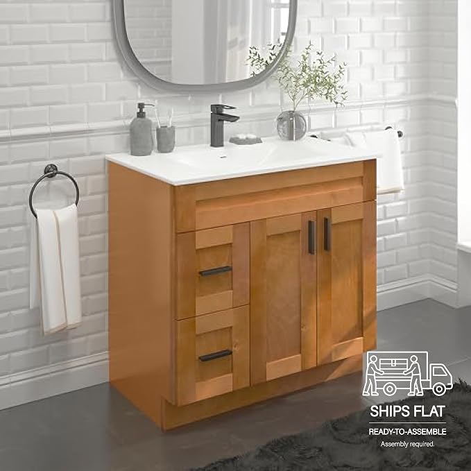 36" Maple Shaker Bathroom Vanity Base – Ready-to-Assemble Sink Cabinet with Drawers, Shaker Style Storage, Base Only, No Top or Sink