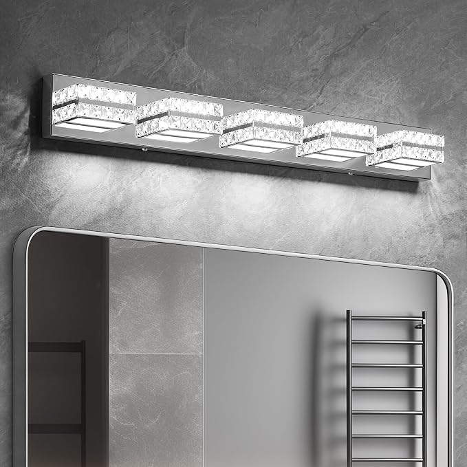 Crystal Vanity Lights LED Bathroom Vanity Light Fixture Over Mirror Modern Indoor Chrome Lamp, 6000K Cold White Dimmable, 5-Lights, 32W