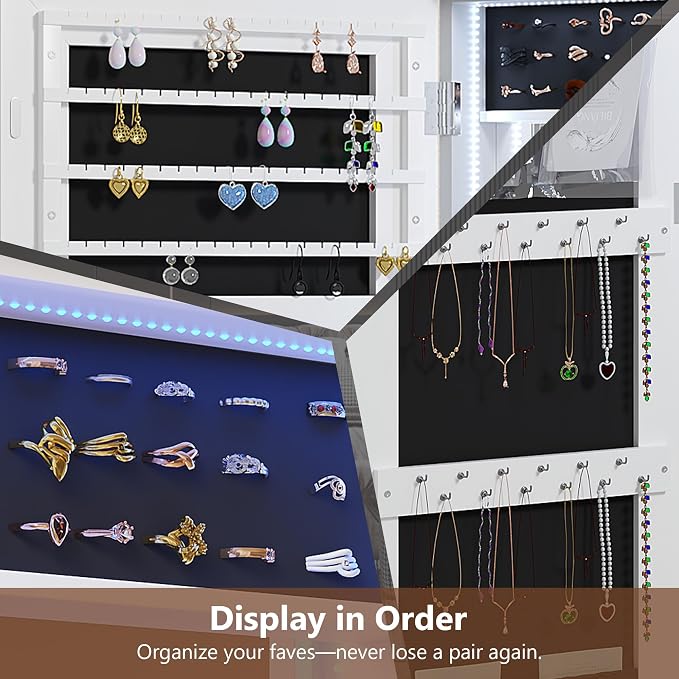Dystler Over the Door Jewelry Cabinet with Mirror, 12 Hollywood Bulbs, Lock | 72 Earring Slots & 24 Necklace Hooks, Velvet Interior, Hanging Door or Wall Mount, 3-Color LED Lights,Girls, Women Ideal Gift