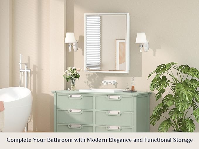 Keonjinn 24” x 30” White Bathroom Medicine Cabinets with Mirror, Aluminum | Adjustable Shelves, Aluminum Frame, Rust-resistant, Recessed or Wall-Mounted Medicine Cabinet, Mirror with Storage Cabinet
