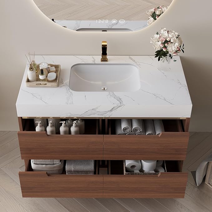 36 Inch Modern Bathroom Vanity with Undermount Sink, 2-in-1 Wall Mounted & Free-Standing Bathroom Vanity Cabinet with Sintered Stone Top & 4 Drawers, Walnut Wood Single Sink Bathroom Vanities