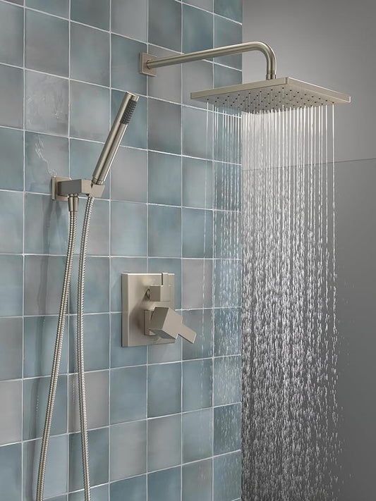 Delta Modern 14 Series Square Rain Shower System Faucet Set, Rainfall Brushed Nickel Shower Head and Handle Set, Valve Trim Kit, 10 Inch, Spotshield Stainless 342701-SP