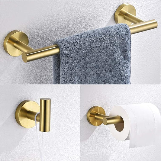 Nolimas 3-Pieces Brushed Gold Bathroom Hardware Set SUS304 Stainless Steel Round Wall Mounted Includes 12" Hand Towel Bar,Toilet Paper Holder,Robe Towel Hooks,Bathroom Accessories Kit