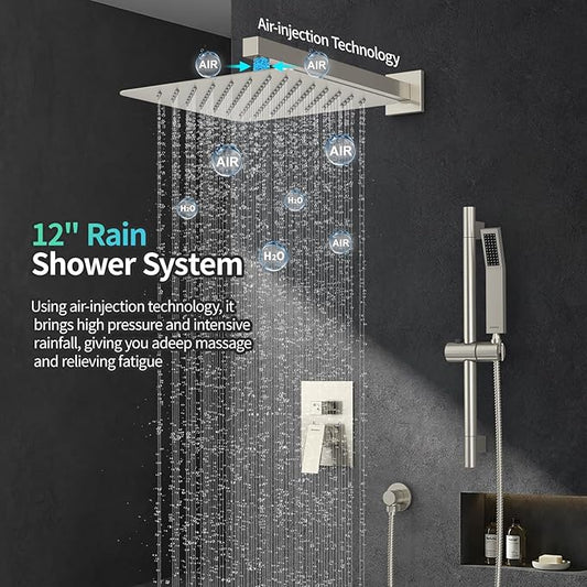 SR SUN RISE 12 Inch Square Shower System, Rain Shower Head and Slide Bar Handheld Shower Faucet Wall Mounted Combo Set Included Valve and Trim Kit for Bathroom, Brushed Nickel