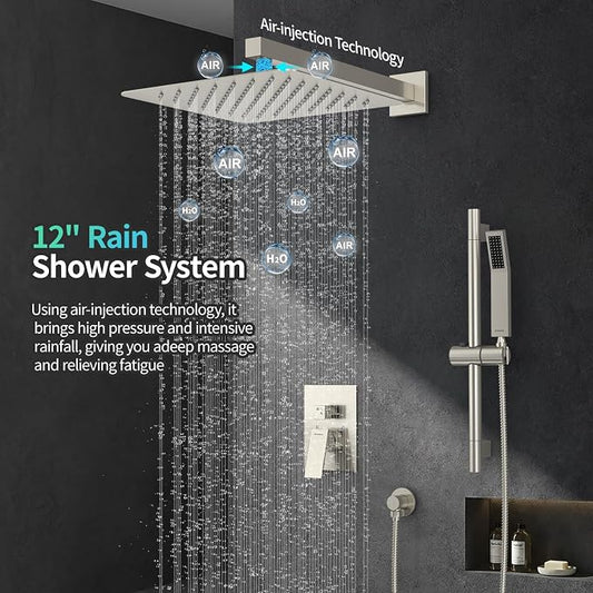 SR SUN RISE 12 Inch Square Shower System with Slide Bar,Brushed Nickel | Rain Head and Handle System,16" Adjustable Shower Slide Bar,Soild Brass,Wall Mount,Included Valve and Trim Kit