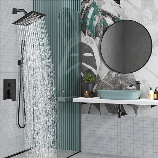 Midanya Shower Faucet Set with Handheld Sprayer,8 Inch,Matte Black | Rough-in Shower Valve and Trim Kit Included,Square Rain Head,Wall Mount Shower System,All Metal,Bathroom