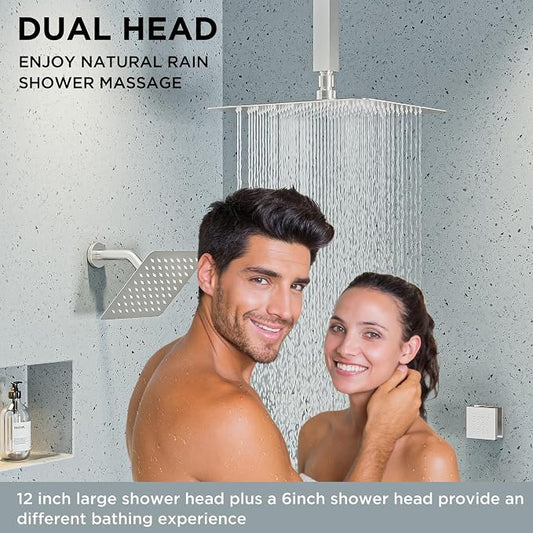 Rainfall Shower System with 4 Body Spray Jets, STARBATH 4 Way 12 + 6"Rainfall Shower Head with Handheld Combo, Shower Jets System High Pressure Shower Faucet Set, Brushed Nickel