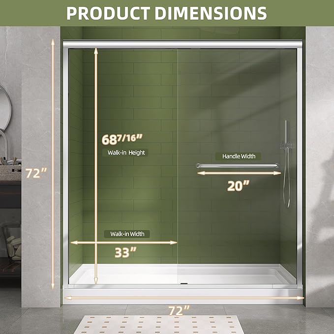 GETPRO Shower Door 68-72 in. W x 72 in. H Double Sliding Semi-Frameless Bypasss Bathroom Shower Glass Doors,1/4 inch Clear Tempered Glass Door for Walk-in Shower Chrome Finish
