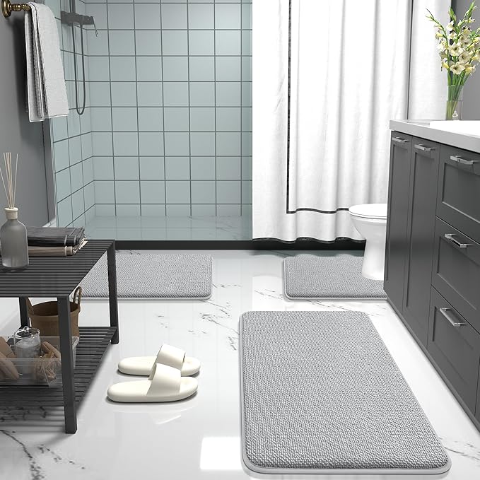 OLANLY Memory Foam Bathroom Toilet Rugs U-Shaped 24x20,Soft Mat, Light Grey | Quick Dry Bath Rugs, Non-Slip, Machine Washable Absorbent Carpet for Bathroom Floor, Tub and Shower, Home Decor Accessories