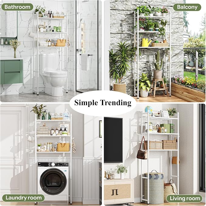 Simple Trending 3-Tier Over Toilet Storage Rack with Paper Holder & Hooks | Heavy Duty Metal Bathroom Organizer Shelf Over Toilet, Freestanding Space Saving Bathroom Cabinet for Laundry, White