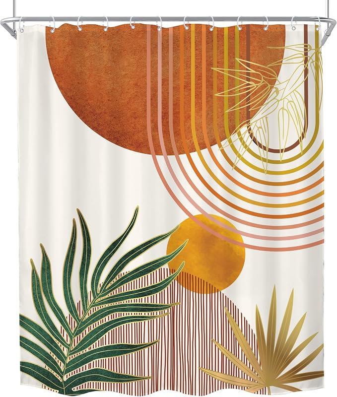 Mid Century Orange Boho Abstract Retro Gold Bathroom Shower Curtain Set | 72Wx84H Arch Geometric design, waterproof HD print with fast-drying fabric and 12 hooks.