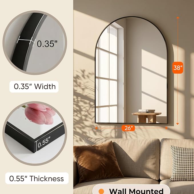 Antok Arched Bathroom Mirror, 26"x38" Wall Mounted Mirror, Vanity Mirrors for Over Sink, Aluminum Alloy Frame Bathroom Mirrors Living Room, Bedroom and Entryway, Black
