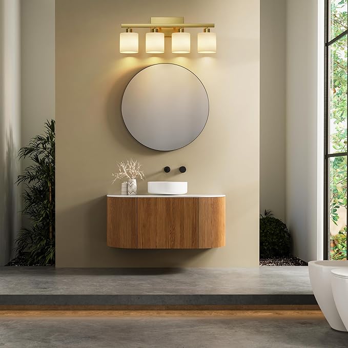Bathroom Light Fixtures, Bathroom Lighting Fixtures Over Mirror, Interior Classic Vanity Lights, Modern Vanity Light with Textured White Glass Shade, Brushed Gold, 4-Light