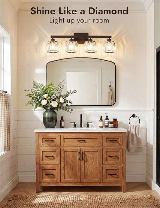 VOLISUN Crystal Vanity Lights for Bathroom, 4 Light Bathroom Vanity Light, Modern Matte Black Bathrooms Light Over Mirror, Black Bathrooms Lights Fixtures-UL Certificated(Exclude Bulb)