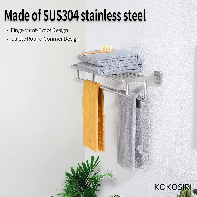 KOKOSIRI 24 Inch Towel Shelf with Double Towel Bars Bathroom Towel Rack Towel Holder Wall Mounted SUS 304 Stainless Steel, Brushed Nickel, B6005BR-L24