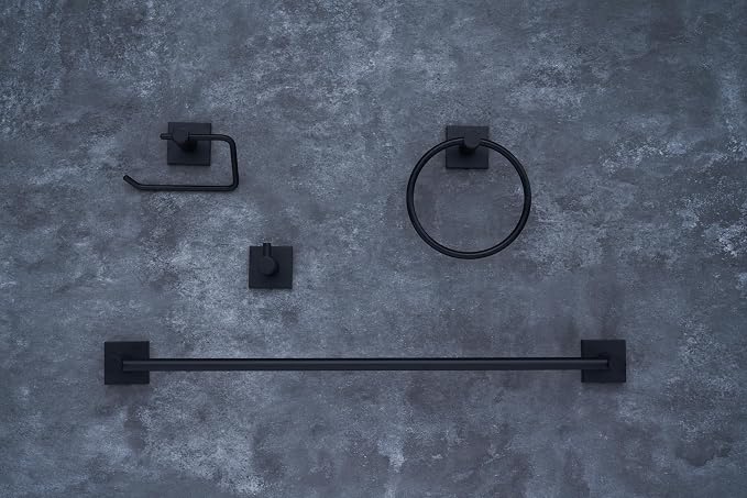 SENTO VINTO Bathroom Accessories Set, Heavy Duty Metal Bath Hardware Set Wall Mounted, Includes Robe Hook, Standard Toilet Paper Holder, Towel Ring, 24” Towel Bar (4-Piece, Matte Black)