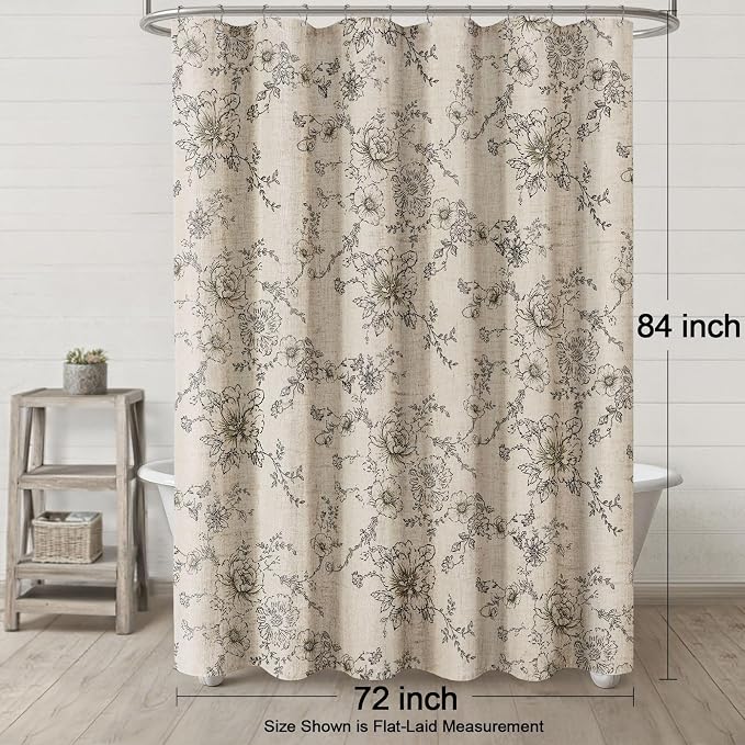 Farmhouse Floral Vintage Shower Curtain for Bathroom, Black and Tan Taupe | 72" W x 84" L, Elegant Boho Pattern Bath Curtain,Linen Fabric