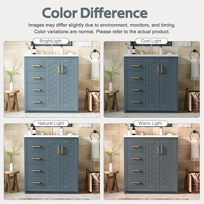 Merax Herringbone Single Sink Bathroom Vanity, Freestanding 30" Modern Bathroom Vanity Storage Cabinet with 3 Drawers and 2 Doors, Solid Wood Frame