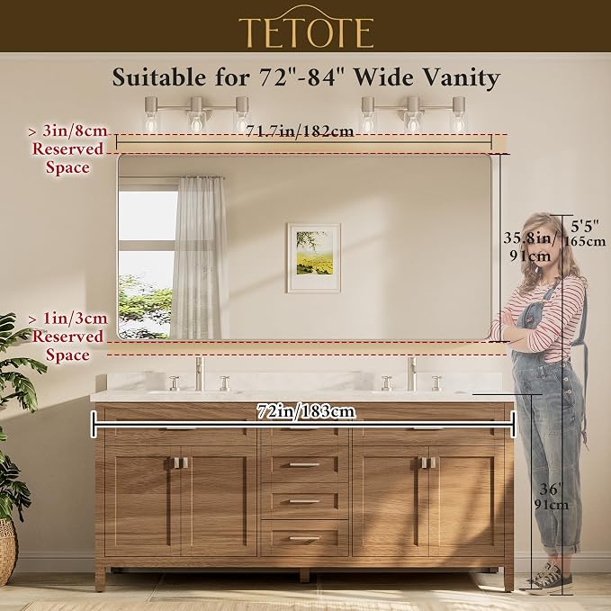 72 x 36 Inch Brushed Nickel Bathroom Mirror for Vanity Metal Framed Mirror Modern Farmhouse for Living Room Entryway(Horizontal/Vertical)